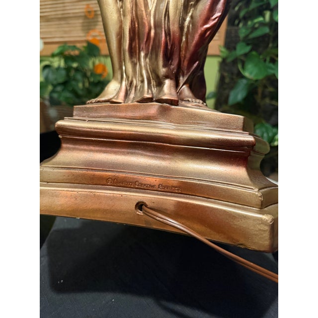 1950 Hollywood Regency Gold Bronze Tone "Three Graces" Heavy Lamp. Purple Silk Shade. Base 34”x12”. Shade 10”x16”. Style of Tony Duquette For Sale - Image 6 of 11