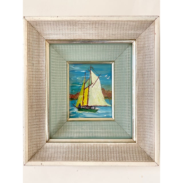 Petite Vintage Expressionist Sailboat Seascape in Amazing 2-Tone Double Frame, Glazed For Sale - Image 13 of 13