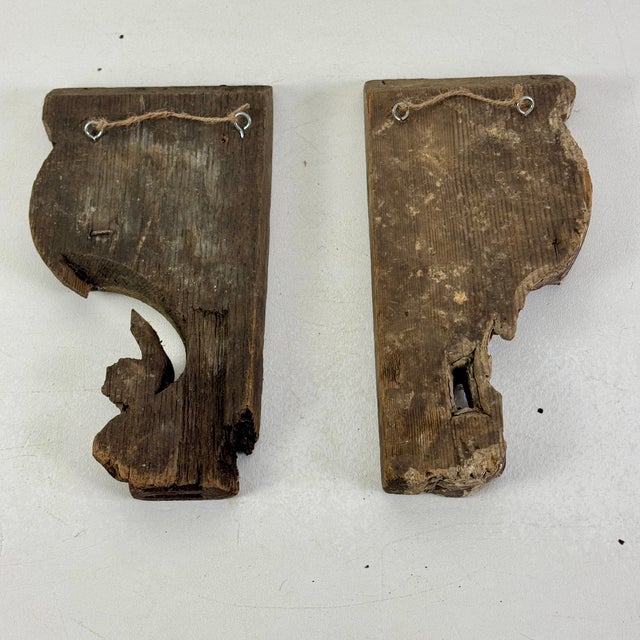 Wood Vintage Pair of Architectural Salvage Wood Elements With Remnant Paint in Scroll & Flower Design For Sale - Image 7 of 8