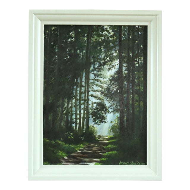 Contemporary 'Light at the End' Original Woodland Landscape Oil Painting, Framed For Sale