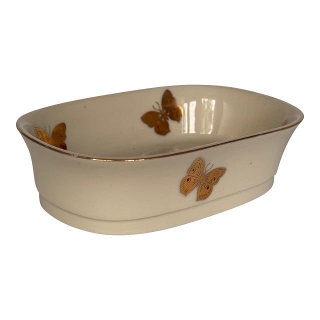 LastChance!1970's Akahashi Japan Gold Gilt Porcelain Butterfly Motif Soap Dish For Sale