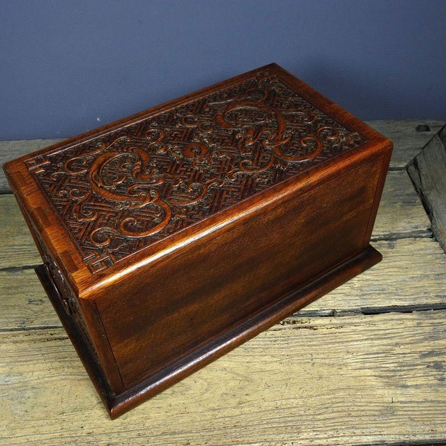 Art Deco Vintage Huali Wood Tabletop Cabinet, Double Dragon Relief Motif For Sale - Image 3 of 9