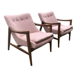Mid-Century Modern Style Lounge Chairs - Solid Walnut Frames with Pink Boucle For Sale