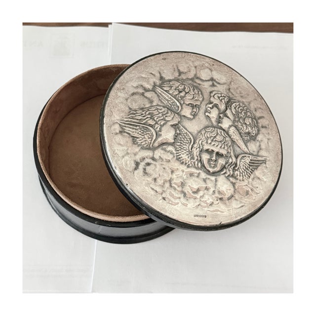 Art Nouveau Art Nouveau Style Sterling Silver & Leather Box With Cherub Repousse Lid, 1993 For Sale - Image 3 of 4