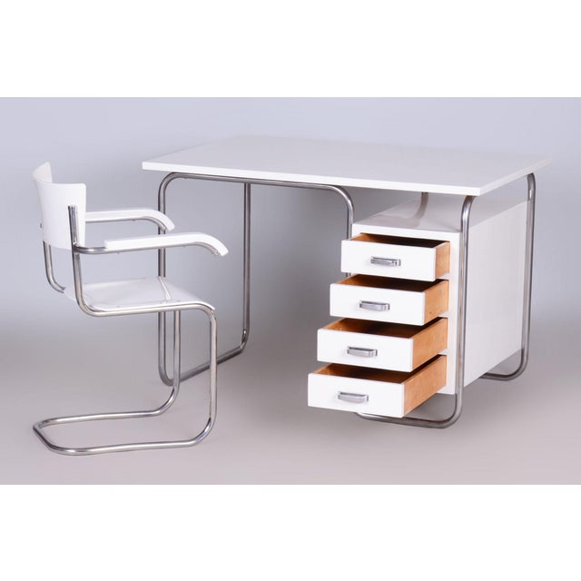 Czech Bauhaus Writing Desk with Chair in Chrome and Lacquered Wood, 1930s, Set of 2 For Sale - Image 6 of 8