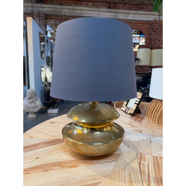 Sculptural Brass Table Lamp With Blue Shade 1970's For Sale In Los Angeles - Image 6 of 7