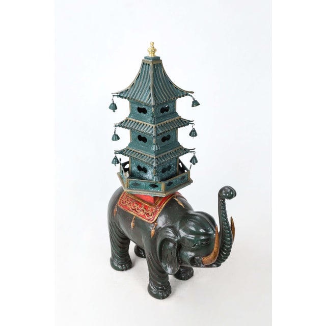 Dark Green Elephant Carrying Pagoda Sculpture For Sale - Image 4 of 10