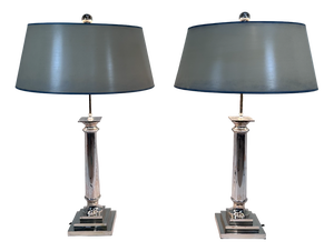 Large Empire Tuscan Silver Plated Column Table Lamps, France 1960s, Set of 2