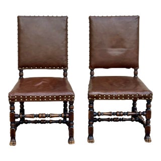 Late 19th Century English Jakobean Carved Oak Leather Dining Chairs - a Pair For Sale