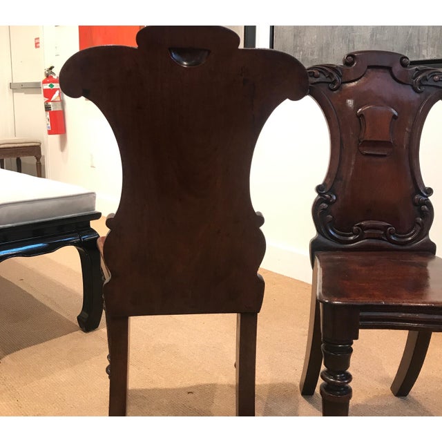 Pair of Hand Carved Mahogany Armorial Hall Chairs For Sale - Image 4 of 12