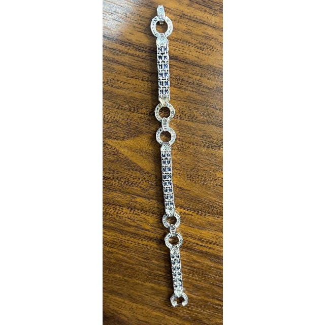 Metal Blue Sapphire Tennis Line Diamond Pave Statement Unique 14k White Gold Bracelet For Sale - Image 7 of 12