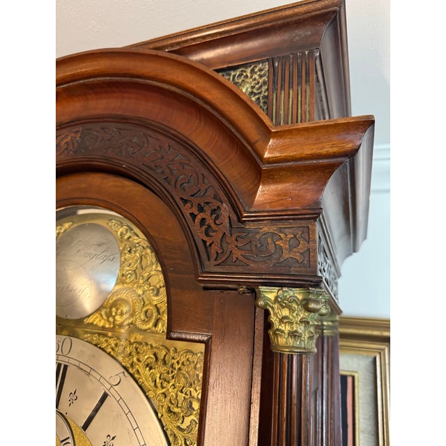 Wood Mid 18th Century George II Mahogany Grandfather Clock in Ornately Detailed Case For Sale - Image 7 of 12