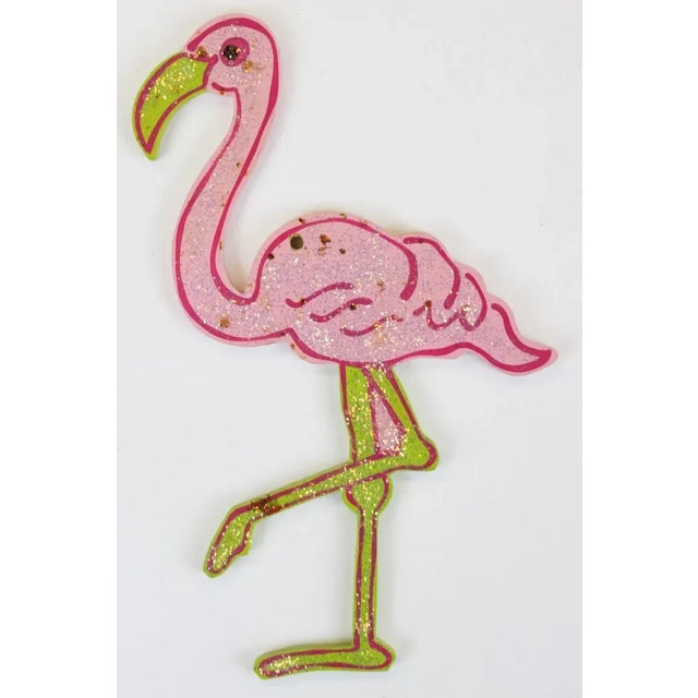 Wood Pink Flamingo Sparkles Ornament. Dimensions: 8"H