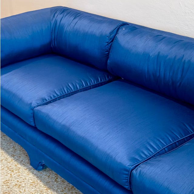 1980s Art Deco Chinoiserie Style Royal Blue Allover Upholstered 3-Seater Sofa For Sale In Miami - Image 6 of 16