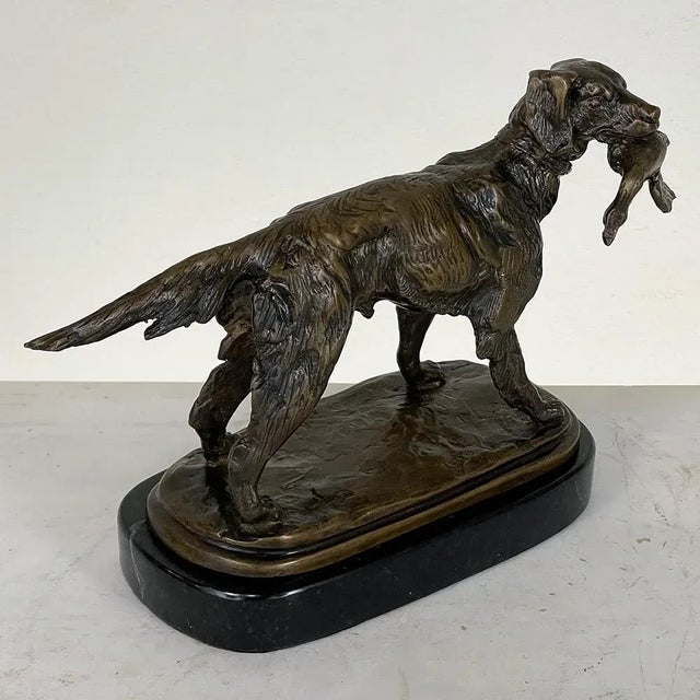 Mid 20th Century Antique Bronze Statue of Dog on Black Marble Base For Sale - Image 5 of 13