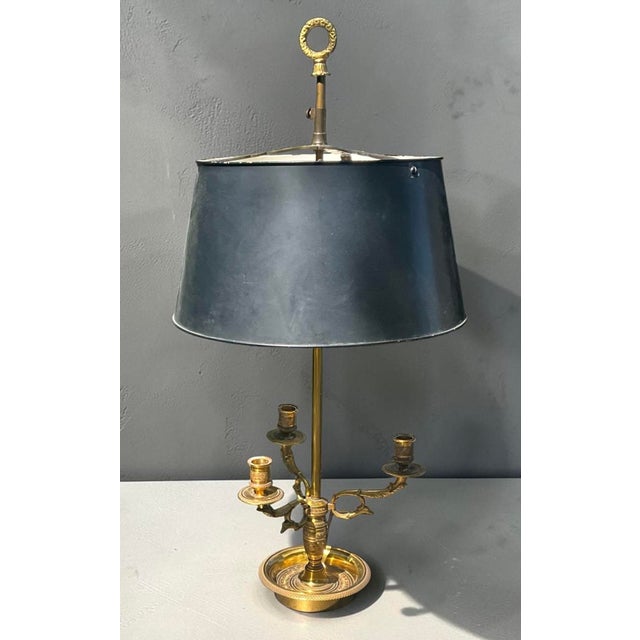 Brass Mid 20th Century Antique-Style Brass Bouillotte Candlestick Lamp With Black Tole Shade Electrical Double Socket on Switch For Sale - Image 8 of 9