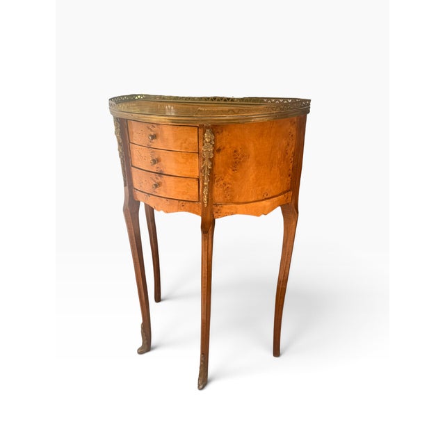 Mid-20th Century Vintage French Louis XV Style Burl Wood Demilune Side Table With Brass Gallery For Sale In Boston - Image 6 of 14