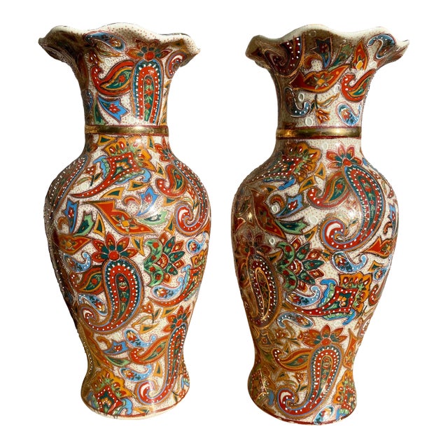 Pair of Early 20th Century Asian Hand Paisley Painted Vases For Sale