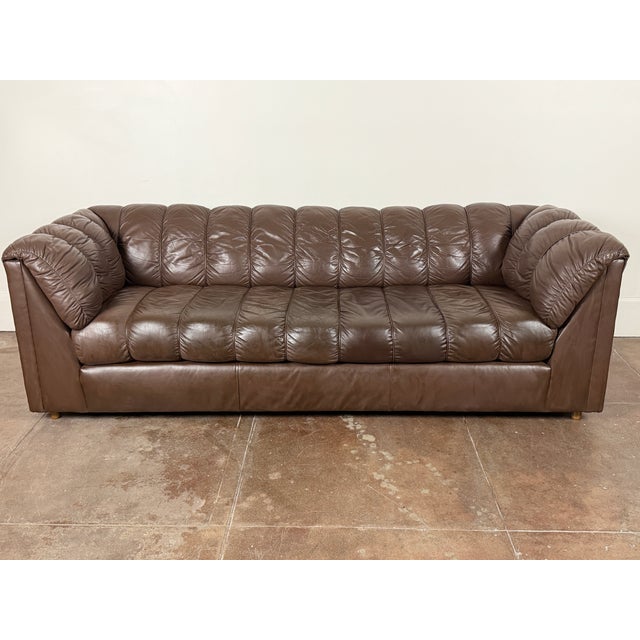 Mid-Century Modern Vintage 1980's Brown Leather Sofa For Sale - Image 3 of 8