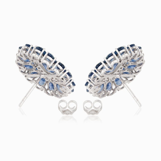 9.69ct Deep Blue Sapphire & Diamond Floral Halo Stud Earrings in 14k White Gold- A Pair For Sale - Image 9 of 14
