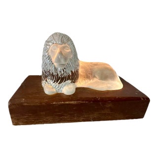 Vintage Mid 20th Century Lighted Glass Lion With Wood Stand For Sale