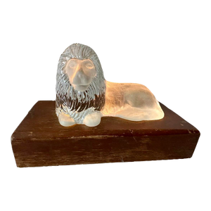 Vintage Mid 20th Century Lighted Glass Lion With Wood Stand