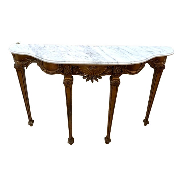 1950s Italian Baroque style giltwood console table with carrara marble top.