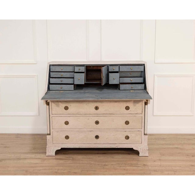 19th-Century Swedish Bureau With Carved Columns And Blue-Painted Interior For Sale - Image 9 of 13