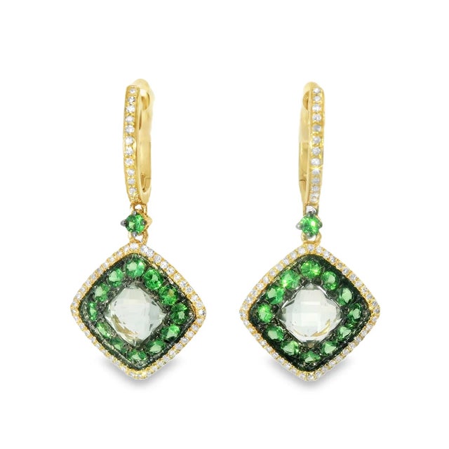 Elegant 14K yellow gold drop dangle earrings featuring green amethysts, tsavorites, and brilliant round diamonds in a...