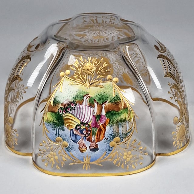 Antique Quatrefoil Gilded Glass Bowl Austrian Bohemian Cut Enamel Watteau Style For Sale - Image 13 of 17