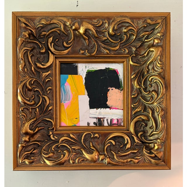 Mixed media collage on cradled wood panel, framed in a 10 x 10 x 2 deep profile, heavyweight, ornate gold carved wood...