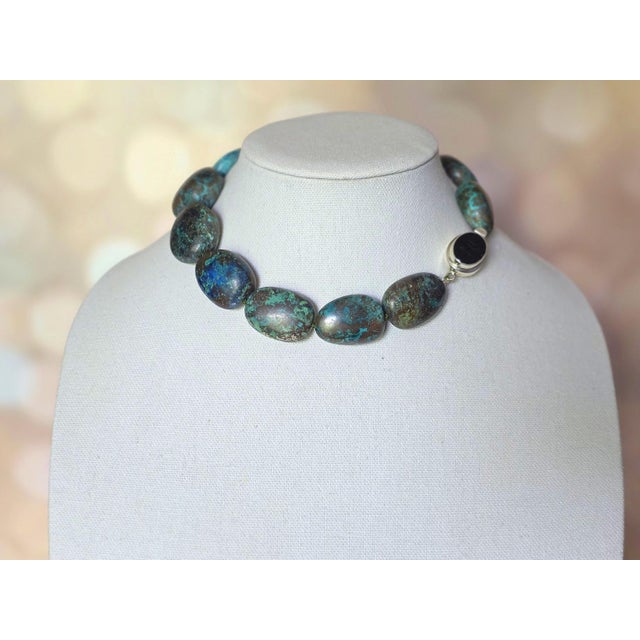 Metal Vintage Arizona Chrysocolla Statement Necklace, Large Natural Gemstone Beads, Sterling Silver Karl Lagerfeld Clasp, Boho Jewelry For Sale - Image 7 of 10