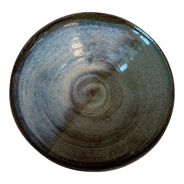 Vintage 1970’s Signed Colorblocked Studio Piece in Brown Terracotta With Olive Green & Taupe With Blue Glaze For Sale