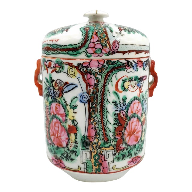 Vintage Chinese Rose Medallion Porcelain Tea Canister With Phoenixes Butterflies and Pink Flowers For Sale