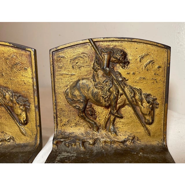 Pair of Antique Gold Gilded Iron Indian on Horse Equestrian Ride Home Bookends For Sale - Image 4 of 9