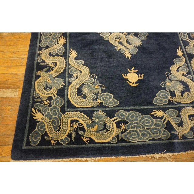 1900s Blue Navy Dragon Antique Chinese Peking Carpet 4'8" X 5'10" Knotted Wool Rug For Sale - Image 4 of 15