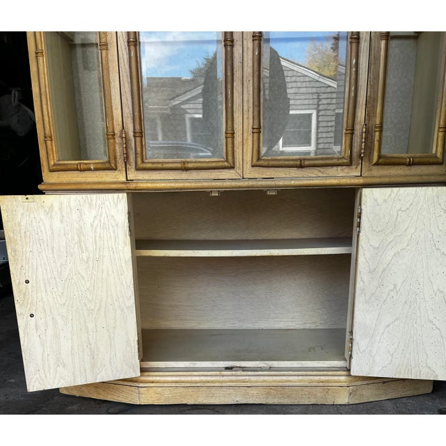 Tan 1970s Vintage Stanley Faux Bamboo and Cane Lighted China and Display Cabinet For Sale - Image 8 of 14