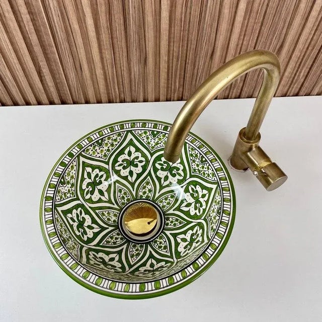 2020s Green Ceramic Countertop Round Handmade Sink for Bathroom For Sale - Image 5 of 8