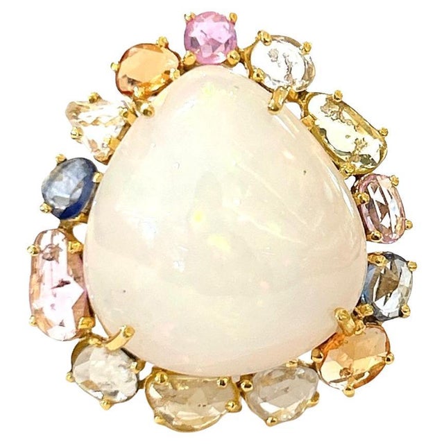 Bochic “Orient” Multi Sapphire & Opal Cocktail Ring Set In 18K Gold & Silver, Size 7 For Sale