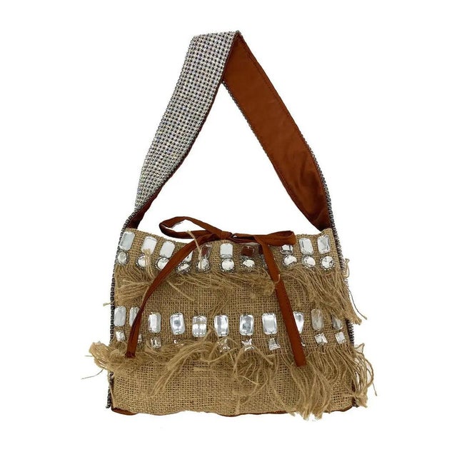 Contemporary Mid 20th Century Dolce and Gabbana Crystal Rhinestone Burlap Shoulder Bag For Sale - Image 3 of 7