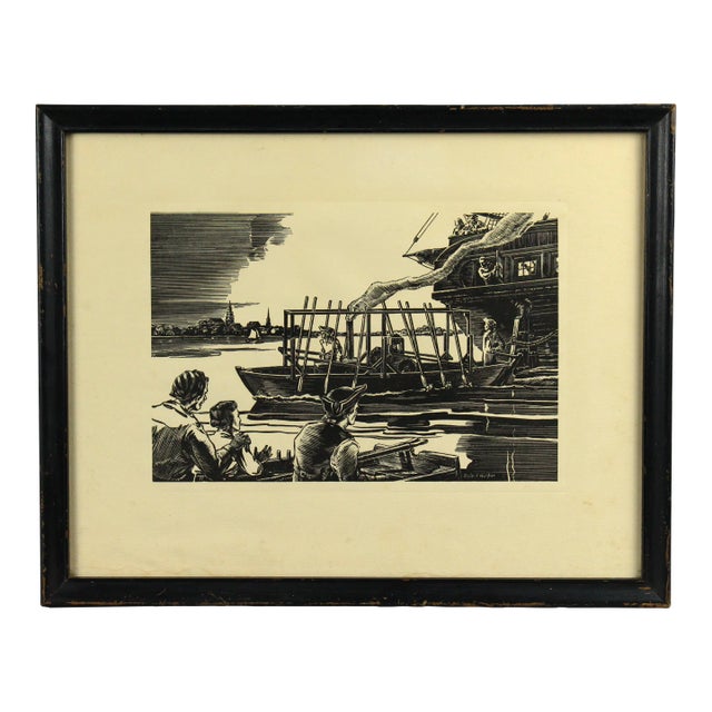 Roland Harper American Woodblock Print of "The Perseverance" Steamboat Demo in 1787 For Sale