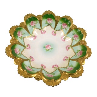 1960s Mz Austria Large Green and White Serving Bowl With Pink Flowers For Sale
