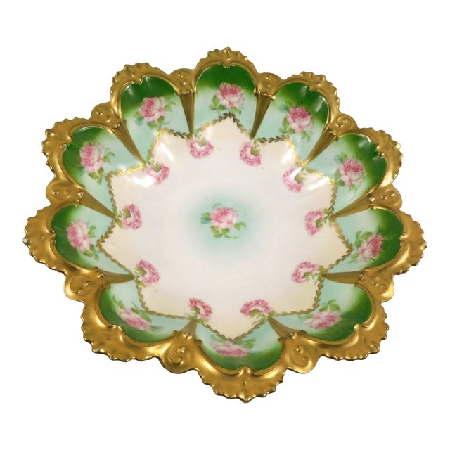 1960s Mz Austria Large Green and White Serving Bowl With Pink Flowers For Sale