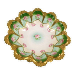 1960s Mz Austria Large Green and White Serving Bowl With Pink Flowers