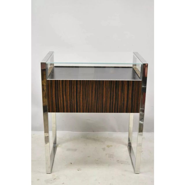 Modern Zebra Wood Chrome Glass Jewelry Closet Display Counter Case With Drawer For Sale - Image 10 of 12