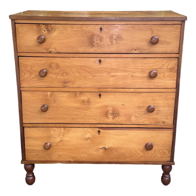 Fine Antique Southern Cherry Wood Chest With Black Walnut Knobs and Turned Feet For Sale
