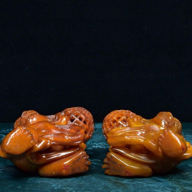 Pair of Shoushan Stone Guardian Lions – 3" Foo Dogs With Brocade Balls For Sale - Image 9 of 9