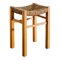 French Mid-Century Wooden Four Legged Straw Stool attributed to Charlotte Perriand, 1960s For Sale