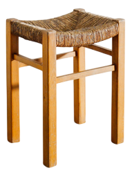 French Mid-Century Wooden Four Legged Straw Stool attributed to Charlotte Perriand, 1960s