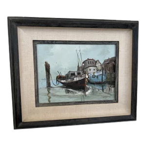 1960s Harbor Scene Oil Painting by California Artist Stephen Skerce